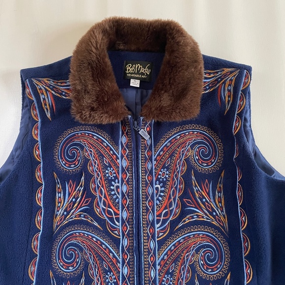 Bob Mackie Women Fleece Vest XL Faux Fur Collar Paisley Boho Western Embroidered - Picture 2 of 12
